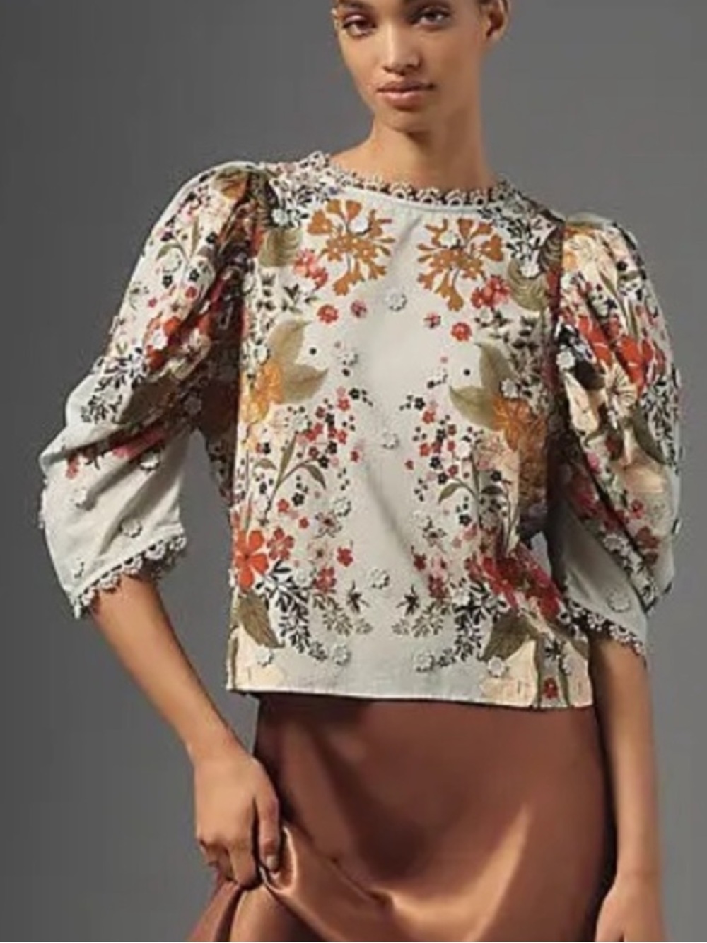 Farm Rio Floral Print Blouse with Puff Sleeves and Floral Appliqué Accents XL